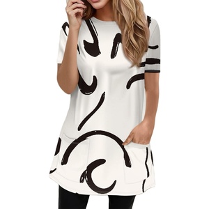 Camiseta de punto de manga corta informal para mujer de algodón azul 100%, Jersey prelavado, Letra de encaje, estampado directo de fábrica Natural DTG - Product Image 4