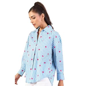 เสื้อเชิ้ตผ้าเรยอนพิมพ์ลายสำหรับผู้หญิง ความยาวระดับสะโพก ลำลอง ติดกระดุม แขนยาว ทรงปกติ ลายหัวใจ เสื้อเชิ้ตทันสมัยสวมใส่สบาย - Product Image 1