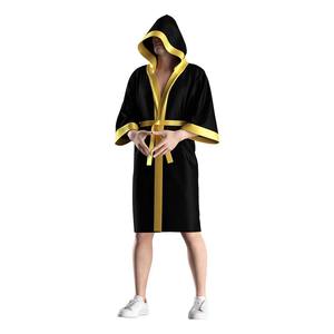 Wholesale <b>Cheap</b> Price Black Satin Hooded Robe with Gold Trim Polyester Comfortable Wear for Boxing <b>Ring</b> Walk or MMA Events OEM - Product Image 1