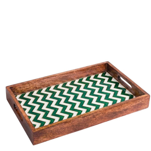 Handmade <b>Round</b> Wood Serving <b>Tray</b> with Yellow Chevron Zigzag Pattern Decorative Coffee <b>Table</b> <b>Tray</b> & Organizer for Home Decor - Product Image 2