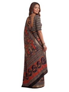 Sari traditionnel indien ethnique à imprimé numérique Ajrak, élégant, avec travail de miroir véritable et chemisier pour femme - Idéal pour les fêtes d'hiver - Meilleur prix - Product Image 4