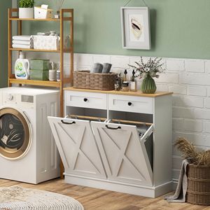 White Tilt Out Cabinet with 2 Removable <b>Baskets</b> and 2 Drawers <b>for</b> Bathroom <b>Storage</b>-Laundry Hamper - Product Image 2