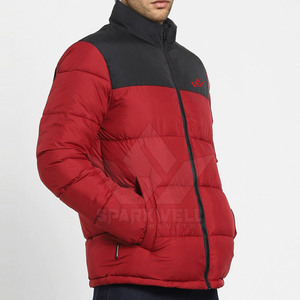 <b>Men's</b> Red Puffer <b>Jacket</b> Color Blocking Stand Collar Zipper Closure Windproof Winter Casual Wear Front Logo Quick Dry - Product Image 3