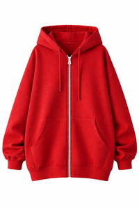 Sudadera con capucha roja lisa de alta calidad para hombre, con cremallera completa, gruesa y cálida, 100% algodón polar, 450 g/m², informal, estilo urbano, holgada, de secado rápido - Product Image 3