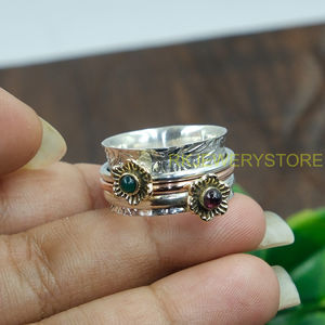 Green Onyx and Red Garnet <b>Spinner</b> <b>Ring</b> Thumb <b>Ring</b> 925 Sterling <b>Silver</b> Handmade Hammered <b>Ring</b> With Brass And Copper Jewelry - Product Image 5