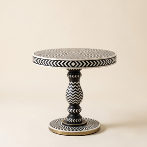 Handcrafted <b>Black</b> and White Chevron Bone Inlay Pedestal Side <b>Table</b> Luxury Round Geometric Accent <b>End</b> <b>Table</b> For Living Room Decor - Product Image 1