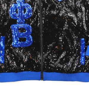 Chaqueta Bomber Negra con Lentejuelas Zeta Phi Beta para Mujer, Chaqueta de Sororidad con Letras Griegas Brillantes y Cierre de Cremallera, Ribete Azul, Prenda Exterior Elegante - Product Image 6