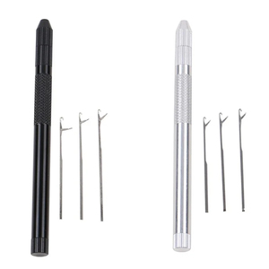 Juego de herramientas de instalación y extracción de extensiones de cabello con agujas de gancho de acero inoxidable, con 3 puntas reemplazables y mangos negros y plateados - Product Image 1
