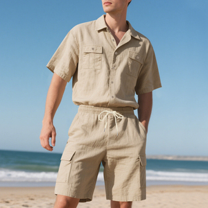 Ensemble chemise décontractée en coton gris pour homme, manches courtes, boutonnée, avec short cargo, tenue d'été respirante en tissu tissé - Product Image 4