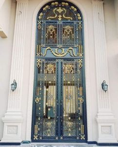 Porte d'entrée extérieure en acier forgé sur mesure avec verre décoratif, double porte pour entrée de villa moderne - Product Image 2