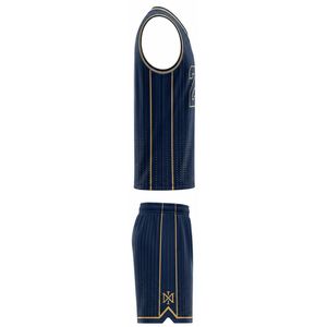 Conjunto de Uniforme de Baloncesto Nexus, Cuello en V, Sin Mangas, Sublimado, al por Mayor, Absorbente de Humedad, Uniforme Deportivo para Adultos, 23, Rayas Azul Marino y Dorado - Product Image 3