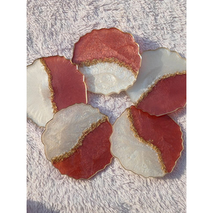 Handmade Agate Style <b>Epoxy</b> <b>Resin</b> Coaster Set With Gold Leaf Edging Luxury Two-Tone Ruby Red and Pearl White Decorative Tableware - Product Image 1