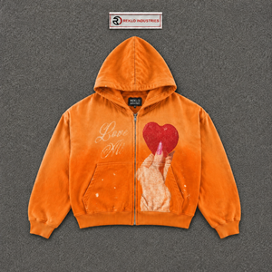 Sweat-shirt à capuche zippé PREMIUM ORANGE STREETWEAR LOVE HEART avec imprimé cœur et texte « Love Me », unisexe, coupe ample, décontracté - Product Image 5