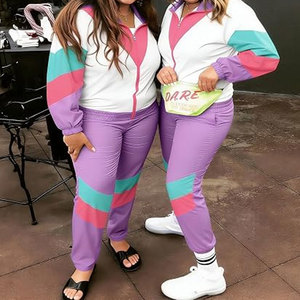 Plus Size Unisex <b>80s</b> 90s Retro Tracksuit Costume 2-Piece Color Block Windbreaker Jacket Wide-Leg Pants <b>Neon</b> Matching Set Winter - Product Image 4