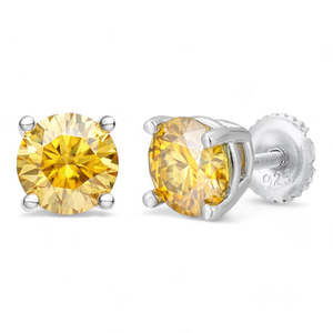 Boucles d'oreilles solitaires en moissanite jaune en argent sterling, serties de quatre griffes, taille brillant rond - Product Image 1