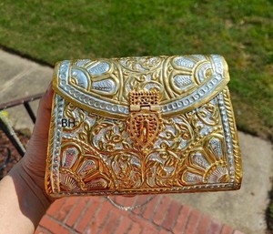 Handmade Metal Evening <b>Bag</b> With Floral Filigree Design Ring Handle Flap Closure Elegant Half Moon Shape Party Clutch - Product Image 5
