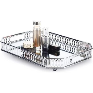 Rectangular <b>Mirrored</b> Storage <b>Tray</b> With Metal Frame Modern Design Single Tier For Bathroom Neatening Use - Product Image 1