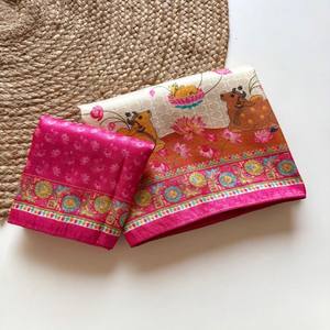 Sari en soie douce VASTRA COTTAGE, jacquard Jari, imprimé numérique Kalamkari, avec blouse à passepoil Doori - Product Image 1