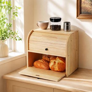 Boîte à pain en bois à 2 niveaux avec couvercle roulant, bac à pain en bois naturel, conteneur de rangement alimentaire, organisateur pour comptoir de cuisine, vente en gros - Product Image 3
