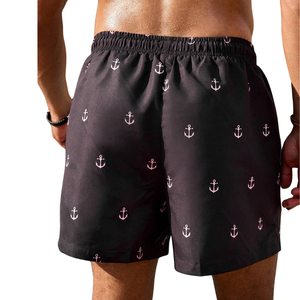 Short de bain noir pour homme, imprimé ancre, logo frontal, 100 % polyester, séchage rapide, taille élastique avec cordon de serrage, décontracté, été, natation, usage quotidien - Product Image 2