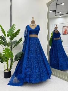 Lehenga Choli de Encaje Azul, Blusa Bordada, Dupatta, Vestido de Novia Tradicional Indio para Mujer - Product Image 1