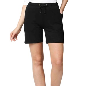 Shorts de punto de algodón negros para mujer, cintura media, con cordón, bolsillos casuales, transpirables, corte regular, estilo streetwear lavado a la piedra - Product Image 1