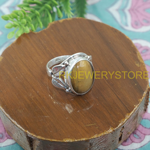 Natural Tiger Eye Gemstone <b>Ring</b> 925 Sterling Silver Handmade Wide Leaf Design Statement <b>Ring</b> Healing <b>Crystal</b> Jewelry for Women - Product Image 3