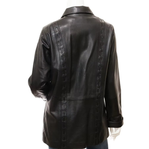 Chaqueta de Mujer de Cuero Genuino con Cuello Alto, Manga Larga, Cierre de Botones, Color Sólido, Largo Regular, para Otoño - Product Image 2