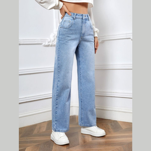 Pantalones Vaqueros Azules de Mujer, Estilo Moderno, Pierna Ancha, Cintura Alta, Casuales, Transpirables, Ecológicos, Corte Holgado, Bordados y Pintados - Product Image 5