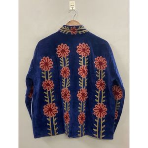 Hand Embroidered Velvet Cotton <b>Jacket</b> Women Mandarin Collar Full Sleeve Winter Bohemian Eye Pattern Open Front Coat - Product Image 2