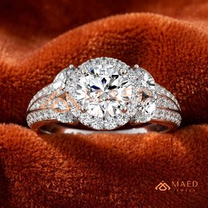 Round Cut Moissanite Halo Engagement <b>Ring</b> 925 Silver Three Stone <b>Split</b> Shank Pave Band Wedding <b>Ring</b> Diamond Look Jewelry - Product Image 1