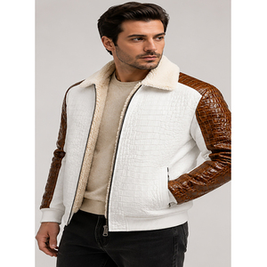 Embossed Denim Loose 100% Cotton Safari <b>Jacket</b> for Men White Brown <b>Sherpa</b> <b>Lined</b> Autumn Front Logo Waterproof Reversible - Product Image 1