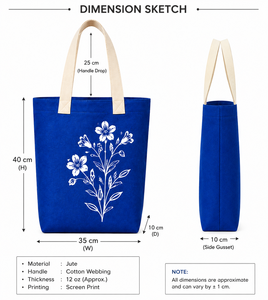 Sac fourre-tout en jute bleu avec poignées beiges, imprimé floral, grand format, réutilisable pour la plage, les voyages, le quotidien et le shopping - Product Image 2