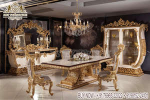 Modern Gold Carving Teak Wood <b>Dining</b> Table & <b>Chairs</b> Set <b>6</b> Seater Handmade Durable Furniture - Product Image 4