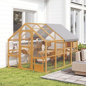 Grand enclos pour chat en bois avec couverture imperméable, 2 condos et 6 plateformes, ponts et portes pour chats géants, jaune - Product Image 2