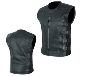 2026 Professional <b>Men's</b> Premium Leather Motorcycle Biker <b>Vest</b> Perforated <b>Black</b> Breathable Casual Canvas Front - Product Image 3