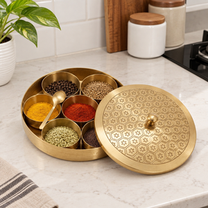 Handcrafted Brass Masala <b>Box</b> <b>with</b> <b>Lid</b> & Spoon | Traditional Indian Spice Container | Kitchen <b>Storage</b> <b>Box</b> for Home & Hotel Use - Product Image 3