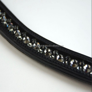 Arnés genuino negro, banda para la frente de caballo de cuero, canal vacío con incrustaciones de marca negra, cristal con borde, diamantes de imitación, banda para la frente - Product Image 1