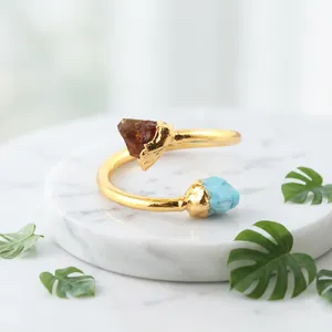 Natural Rough Dark Citrine & <b>Turquoise</b> Gemstone Fancy <b>Ring</b> Brass 18k <b>Gold</b> Plated Wholesale Handmade Unisex Trendy High Jewelry - Product Image 1