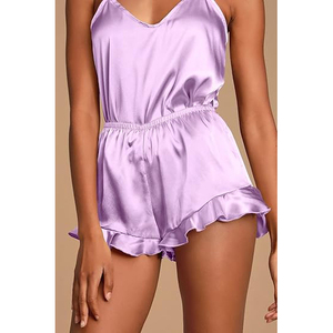 Ensemble de pyjama en satin, col en V, sans manches, short, vêtements de nuit, couleur unie, violet, vêtements de nuit d'été, taille élastique lisse - Product Image 5
