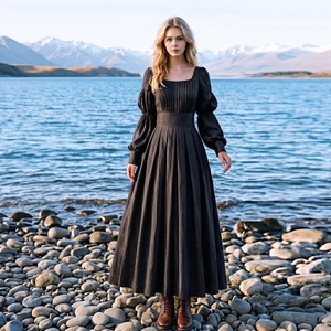 Vestido Midi Vintage de Algodón Orgánico 100%, Estilo Cottagecore, Cuello Cuadrado, Manga Campana, Cuerpo Plisado, Romántico, con Bolsillos, Cintura Alta, para Mujer - Product Image 3