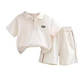 Ensemble tendance pour garçons, couleur unie, jersey, style décontracté, col polo, fermeture éclair, manches courtes, ensemble deux pièces - Product Image 2