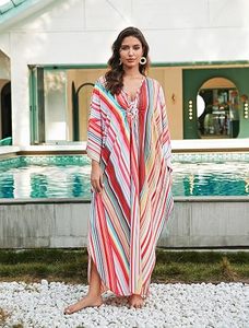 Robe Abaya Maxi Col V Manches Trois-Quarts Motif Rayé Coupe Ample Style Bohème Vêtement de Plage d'Été pour Femme en Polyester - Product Image 5