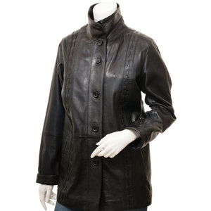 Women's Genuine <b>Leather</b> Stand Collar <b>Blazer</b> Full Sleeve Button Closure Winter Solid Color Regular Fit <b>Jacket</b> Outerwear - Product Image 1
