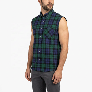 Custom Logo Green <b>Blue</b> Black Pattern Sleeveless Plaid <b>Flannel</b> <b>Shirt</b> Button Down Collar Casual Cotton Top Autumn Wear Men's <b>Shirt</b> - Product Image 3