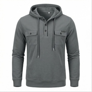 Sweat-shirt à capuche pour homme à manches longues avec poches avant, couleur unie, pull en coton tricoté décontracté, vêtements d'automne - Product Image 1