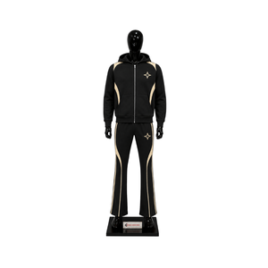Ensemble de survêtement noir personnalisé pour homme, sweat à capuche zippé intégral, panneaux contrastants beiges, pantalon évasé, ensemble deux pièces de sport, vente en gros OEM Streetwear - Product Image 1