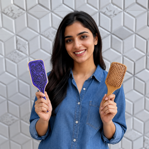 Trending Handmade Hand Tooled Leather Wooden Hair <b>Brush</b> Carved Floral Design Purple Color Rectangular Shape Rajasthan Deepika - Product Image 3