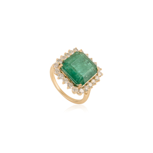 Anillo de Boda con Incrustaciones de Esmeraldas y Diamantes de Alta Calidad, Oro Amarillo Sólido K14, Joyería Hecha a Mano - Product Image 3