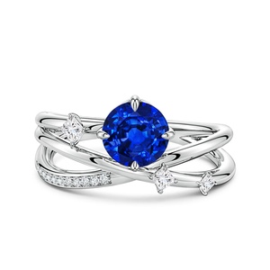 Bague croisée en or massif 14 carats avec saphir bleu et diamants pavés, bijoux de luxe, fabricant de bagues à pierres précieuses rondes pour femmes - Product Image 1
